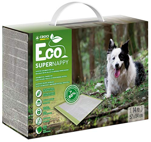 Croci Super Nappy Eco - Alfombrillas higiénicas para perros, ecosostenibles, 84x57 cm, 14 unidades, almohadillas superabsorbentes para perros y mascotas, para orina de perro y gato, antiatrapamientos,