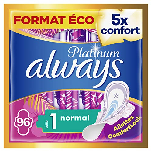 Always Platinum Damenbinden mit Flügeln, Normal Plus, leichter bis mittlerer Fluss, Öko-Format, 94 einzelne Taschen (4x24), 5 Komfortgrößen