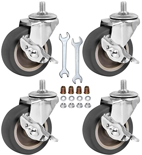 3 Threaded Stem Caster Wheels Swivel Casters with Brake, Metric Size M8-15 (Screw Diameter 8mm, Screw Length 15mm) Casters for Workbench Trolley，Furniture Dolly，Shopping Trolley (Pack of 4)