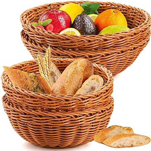 WUWEOT 4 Pack Poly-Wicker Bread Basket, Woven Round Fruit Basket Tray, Stackable Food Serving Holders for Food Serving, Display, Vegetables, Home Kitchen, Restaurant, Outdoor