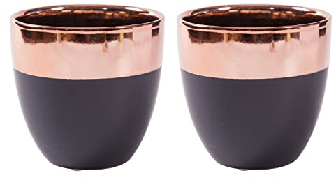 Jinfa 2 Maceteros Decorativos Negros y Oro Rosa macetas de cerámica para Plantas y Flores | Ø 13,5 cm x H 13 cm
