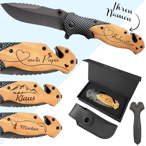 KDO MAGIC Personalisiertes Klappmesser (Motiv: Herz) | Geschenkidee für Vatertag, Geburtstag, Mann, Weihnachten | Personalisierbares Sicherheitsmesser | Carbon-Effekt