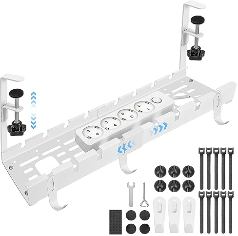 GUOOUG Kabelkanal Schreibtisch Weiß Ohne Bohren, Einziehbar 28,5-55CM Kabelmanagement Schreibtisch, Verstellbarer Metall Kabelhalter Kabelwanne Kabel Organizer Tisch, Kabelkorb Klemmbar für Büro/Heim