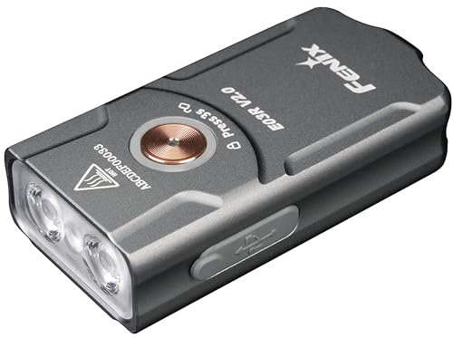 fenix E03R v2.0 Grau, wiederaufladbare, leichte Schlüsselanhänger-Taschenlampe, 500 Lumen, 90 m, max. 30 Stunden, Rotlichtmodus, USB-C-Ladung, IP66