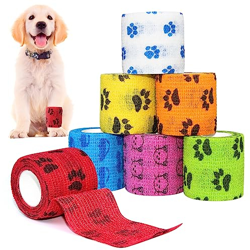 aurorayer Pack of 7 Self-Adhesive Bandages 5 cm x 4.5 m Self-Adhesive Bandage, Fixation Bandage, Dog Pet Vet Wrap for Cat, Dog, Horse Leg Adhesive Bandage