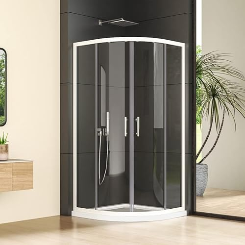 Duschkabine Rund Eckeinstieg 90x90x185cm Schiebetür Duschabtrennung, Weiß Runddusche aus 6mm ESG Glas, Viertelkreis Halbkreis Doppel Schiebetüren Duschwand, Radius 55cm Halbkreisdusche