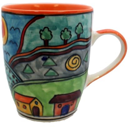 Kaffeetasse handbemalt aus Keramik, bunt Landschaftsbemalung, Set/2