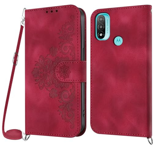 Netany Funda para Motorola Moto E20 / Moto E30 / E40 con Cuerda, Flip Billetera Funda Tapa Libro PU Cuero con Ajustable Cordón,【2 Ranuras】【Hebilla Magnética】,Funda Piel Carcasa Case Cuerda (Rojo)