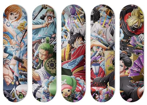 Board aus Aluminium in Form eines Skateboards für Wanddekoration, Anime, One Piece Team, für eine originelle Dekoration (5 Platten + Befestigungssets)