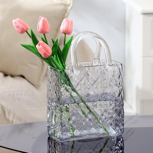 PORPAN Purse Vase, Black Bag Vase, Glass Purse Vases for Flowers, 12 Inch Large Glass Flower Vase with Embossed Pattern for Wedding, Living Room, Bedroom, Table, Office(Tote)