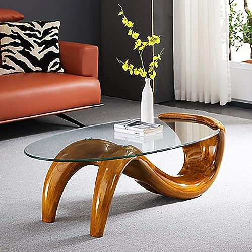 Oval Glass Coffee Table,Contemporary Coffee Table For Living Room,Abstract Coffee Table Clear Glass Top,Mid-Century Modern Coffee Table Accent Coffee Table End Table(Size:90*55*40cm,Color:Brwon)