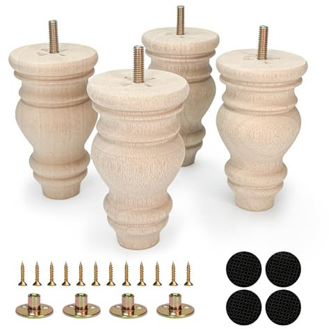 Crawopft 5 Inch Wooden Furniture Legs, Set of 4 Replacement Solid Wood Unfinished Round Furniture Bun Feet for Couch Chair Sofa Dresser Desk Table Cabinet Bed Bookcase (5inch)