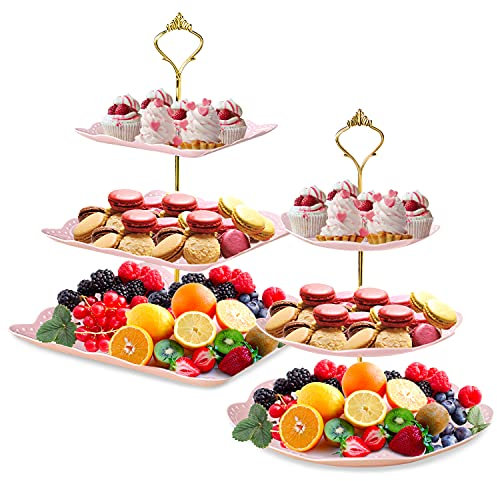 Alzata rosa per cupcake, confezione da 2 piatti da dessert per mini torte, frutta, caramelle, vassoio per biscotti, buffet, per matrimoni, casa, compleanno, alzata in plastica per torte per feste e