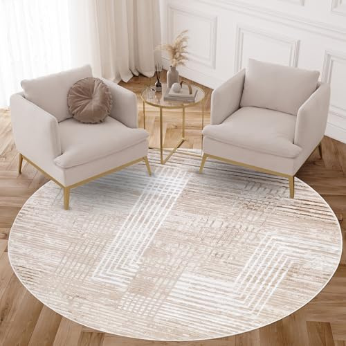 TAPISO Crystal Rund Teppich Kurzflor Glänzend Braun Creme 100 x 100 cm | Streifen Geometrisch 3D Effekt Wohnzimmer Schlafzimmer Modern Design OEKO-TEX