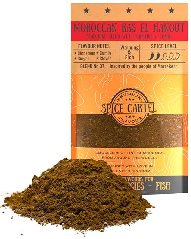 Mélange d'épices Ras El Hanout de Spice Cartel. Mélange d'épices marocain, idéal pour de savoureux tajines. Sachet refermable de 100 g. Assaisonne plus de 3 kg de protéines. Mélange artisanal de quali