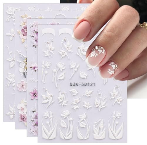 JMEOWIO 3D Nagelsticker Blumen Nail Art Sticker Selbstklebend Nagelaufkleber 5D Stereoskopisch Frühling Sommer Dekoration Nageldesign Zubehör 4 Blatt