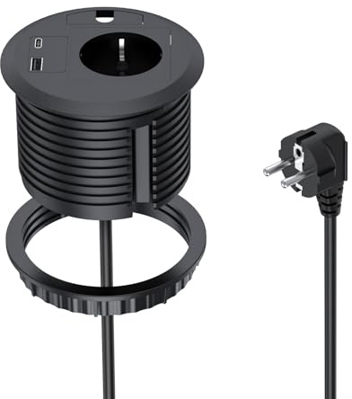 Einbausteckdose mit USB, BQO Versenkbare Steckdose mit 1 USB-A,1 USB-C für Arbeitsplatte Küche,2m Kabel Einbau Steckdosenleiste für 80 mm Tischloch (Schwarz)