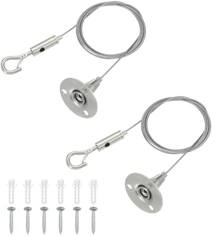 sourcing map 150 x 1.5mm Adjustable Hanging Wires Kit, Heavy Duty Stainless Steel Wire Rope with Single Hooks for Picture Photo Light LED Screen Curtain Billboards DIY Mounting Clamp Pack of 2