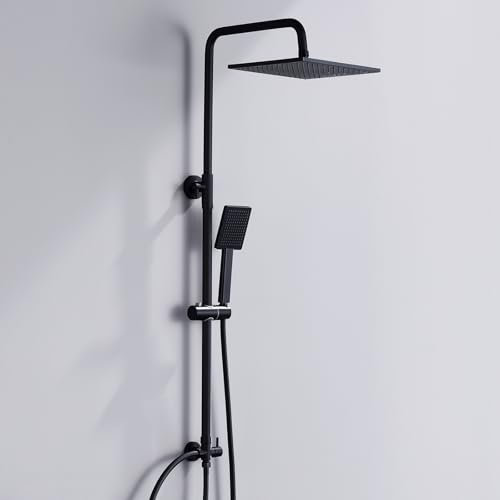DERW Adjustable Shower Riser Rail Kit with 10 Square Rainfall Shower Head, Handheld Shower with Rotating Bracket, Shower Set Without Mixer, Anti-Leak Hose,Easy Install, Suitable for Bathrooms(Black)