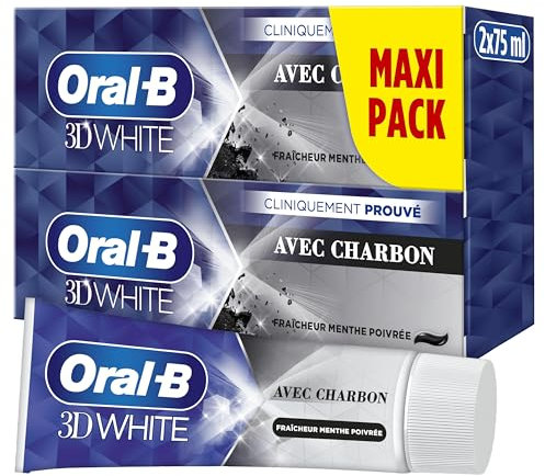 Oral-B Dentifrice Charbon 3D White Pour Effet Blancheur Dès Le Premier Brossage Des Dents, Pack De 2 x 75ml