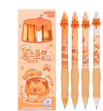Capybara raderbara gelpennor – 4-pack tecknade söta capybara kulspetspennor raderbar svart blå bläck 0,5 mm, smidig skrivning skolpenna för skolklassrum