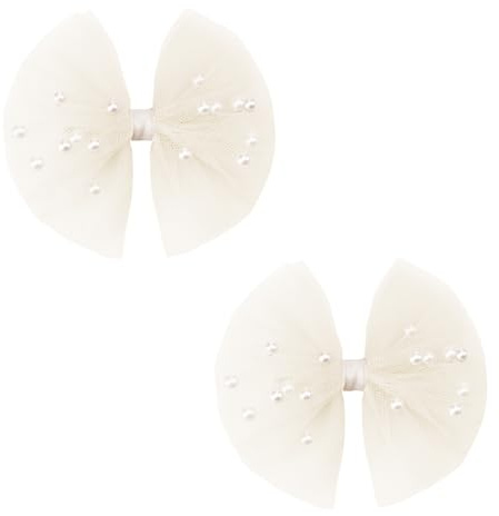 2PCS Pearl Tulle Hair Clips for Toddler Girls - 3.5'' Elegant Bowknot Hair Accessories for Flower Girls, Birthday, Wedding, Halloween, and Christmas(Ivory)
