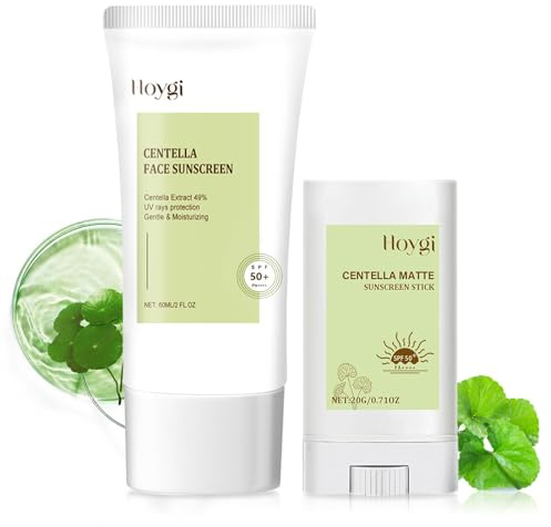 Centella Sunscreen SPF 50, Protector Solar Coreano | Esencia Acuosa Crema Solar con Stick Solar Facial, No Grasa, Fuerte Protección UV, Crema Solar Facial para Todo Tipo de Piel