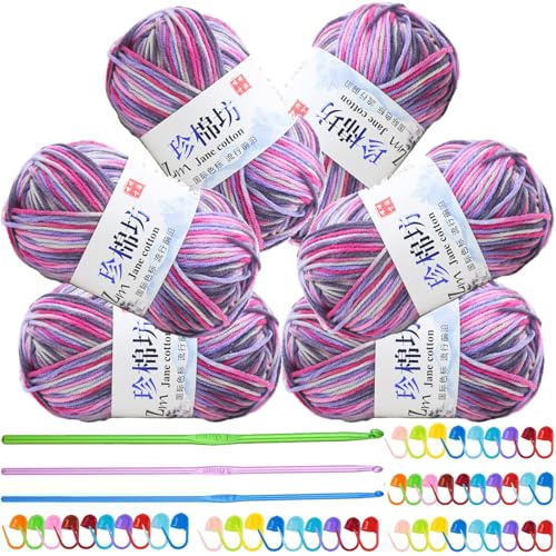 Pelotes de fil à crochet (6 x 50 g, 4 plis), laine à tricoter pour crochet, double laine à tricoter avec crochets en aluminium, marqueurs de point, fil acrylique pour loisirs créatifs et projet de