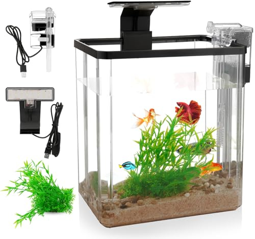 1.5 Gallon Aquarium Starter Kits - Plastic Fish Tank Kit Clear Beta Fish Tank Small with Filteration Oxygenation, Water Circulation, Lighting - Beginner's Gift for Guppy, Shrimp, Goldfish