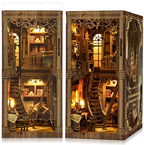 Bok Nook kit för vuxna: LUMYCE träpussel gör-det-själv miniatyr hus 3D dockhus – bokstöd för bokhylla dekoration med LED-ljus kreativ present för läsare