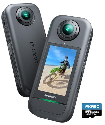 AKASO Cámara de acción de 360-360° con Video de 5.7 K 360°, Foto de 72 MP, estabilización Supersuave, Bloqueo de Horizonte, Seguimiento de IA, Efecto de Palo Selfie Invisible, Pantalla táctil