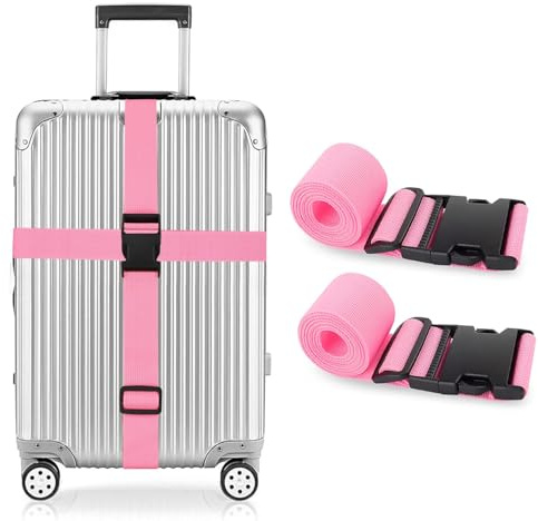 Lot de 2 sangles de bagage réglables en nylon avec boucle à dégagement rapide pour valise, porte-documents et sac de voyage (rose)