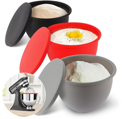 Silicone Mixing Bowl Liners Attachments Compatible with 5 Quart KitchenAid Mixers, Includes 3 Liners and Lids, Dishwasher Safe