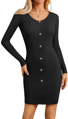 GRACE KARIN Dam elegant jumper klänning långärmad v-ringad bodycon stickad klänning knapp fram, Svart, M