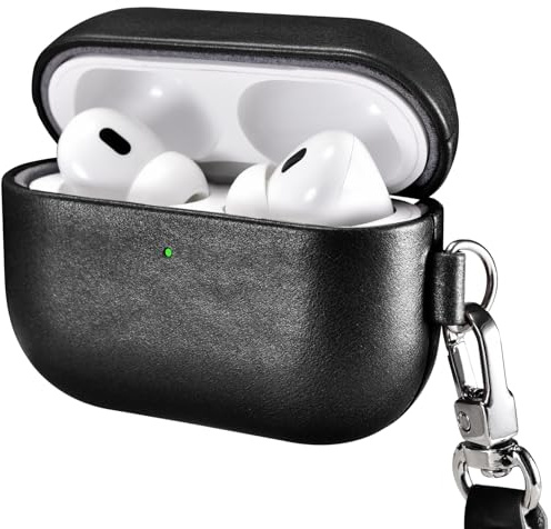 ICARER Leder Hülle mit Trageband für AirPods Pro 3 Schutzhülle, Schwarz | Premium Echtleder, Stoßfeste Schutzhülle, LED sichtbar, Unterstützung Wireless Ladegerät, Einfaches Anbringen und Abnehmen