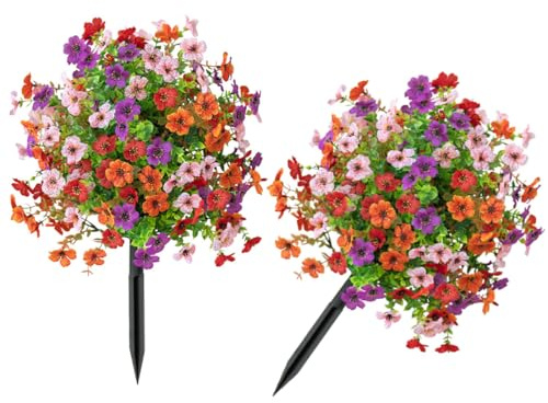 shsyue 2pcs Artificial Plants Flower with Ground Spike,Outdoor Faux Floral Topiary Flower Ball,UV Resistant Realistic Flowers for wedding,Indoor,Garden Decor,Yard,Porch,Patio-colourful