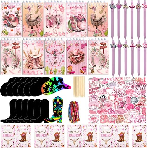 Lot de 98 articles de papeterie rose avec mini carnets, stylos à bille, autocollants en papier à gratter et sacs cadeaux pour fête d'anniversaire sur le thème des cowgirl occidentales