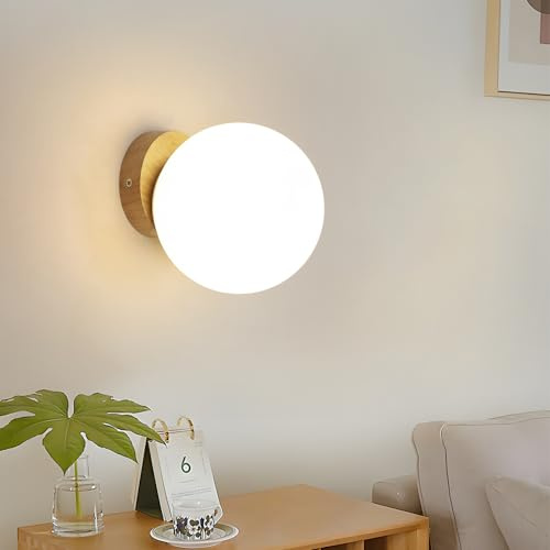 Tealight E27 Wandleuchte Innen Holz Vintage, Weiß Lampenschirm aus Glas | Wandlampe Rund Moderne für Wohnzimmer Schlafzimmer Flur Treppenhaus, Nicht Leuchtmittel