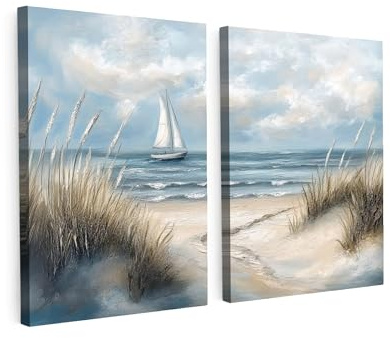MuchoWow© Leinwand 2 Teilig Deko Schlafzimmer Aesthetic Mehrteilige | 60x40 cm - Wandbilder Gemälde Foto Living Room Decoration Wandbild-set Strand - Farbe - Natur - Boot