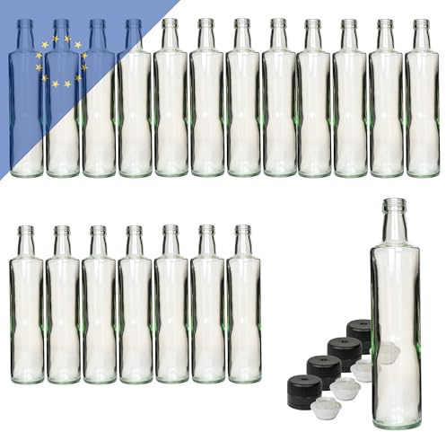 40 Stk. Glasflaschen Dorica 500ml inklusive schwarzem PP31.5 Kunststoffverschluss und Ausgießer – Ideal für Öle, Säfte und Essig – Robuste Flasche für lange Haltbarkeit und optimale Lagerung