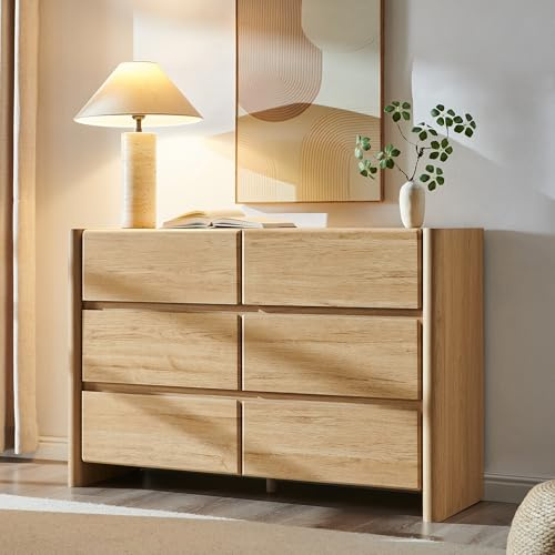 wow97e Modern 6 Drawers Dresser for Bedroom, 47 Wide Dresser w/Large Storage & Rounded Corner, Wood Handleless Chests of Drawers w/Natural Texture for Bedroom, Hallway, Living Room-Natural