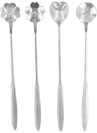 Blumen-Kaffee-/Teelöffel, 4 kleine Teelöffel aus Edelstahl, Zuckerlöffel, umrührender Teelöffel, herzförmig, für Teeparty-Dekorationen (Silber)