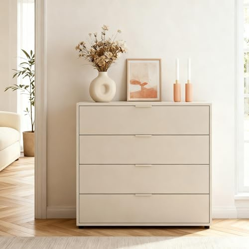 pamo Kommode mit Schubladen Sideboard Beige – 92 x 88 cm | Schubladenschrank Aufbewahrungsschrank 4X Soft-Close Schubladen – Schlafzimmer Wohnzimmer Flur