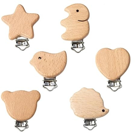 6 Stück Holz Clips Natur mit Metallverschluss, Holzclip DIY Bastelclip Set mit Tiermotiven, Buchenholz Clips für Handarbeiten, Dekoration, Textilien, Taschen und Kreative Projekte