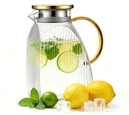 ZFFAFUR 1.8L Glass Pitcher with Stainless Steel Lid and Handle,Heat-Resistant Borosilicate Water Jug, Vertical Stripe Carafe for Hot/Cold Drinks, Iced Tea, Juice, Milk for Home & Kitchen