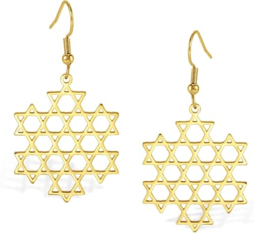Davidstjärna örhängen för kvinnor Judisk stjärna med kors hängande dropp örhängen Rostfritt stål Sexuddig stjärna smycken Israel Judaica Hanukka present, Guld Hexagramörhängen