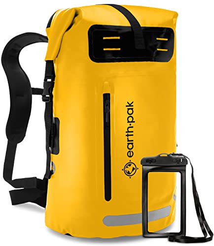 Earth Pak Summit wasserdichter Rucksack, Backpack mit leistungsstarkem Reißverschluss und Rolltop, wasserfester Handyhülle Gelb 55L