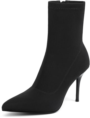vivianly Stretch Pointed Toe Sock Booties Mid-Calf Ankle Boot Stiletto Heel Boots for Women size 7