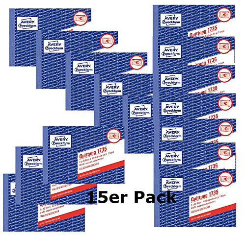 Avery Zweckform 1735 Quittung (A6 Quer, MwSt. separat ausgewiesen, 2x40 Blatt) weiß/gelb (15er Pack)
