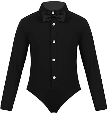 Freebily Camicia da Ballo Latino Bambino Cotone Maniche Lunghe con Cravatta a Farfalla Dancewear Costumi di Danza Classica Balletto Samba Rumba Tango Body Leotard Nero 12 anni